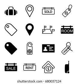 Tag icons set. set of 16 tag filled and outline icons such as badge, sport bag, suitcase, do not disturb, house sale, location pin, location
