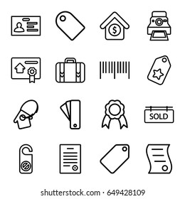 Tag icons set. set of 16 tag outline icons such as do not disturb, badge, luggage, ribbon, camera printing photo, house sale, bill of house sell, bill of house