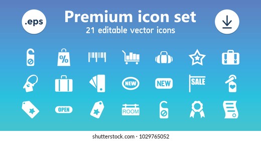 Tag icons. set of 21 editable filled tag icons includes do not disturb, sale, new, luggage, ribbon, bill of house sell, open, sport bag, star, barcode