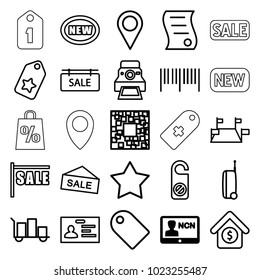 Tag icons. set of 25 editable outline tag icons such as badge, star, do not disturb, barcode, sale, new, luggage, qr code, locations, camera printing photo, house sale