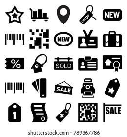 Tag icons. set of 25 editable filled tag icons such as barcode, sale, new, ticket on sale, luggage, qr code, badge, camera printing photo, bill of house sell, star