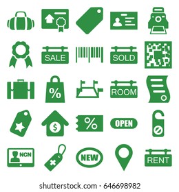 Tag icons set. set of 25 tag filled icons such as do not disturb, badge, ribbon, camera printing photo, house sale, bill of house sell, open, sport bag, suitcase, location pin