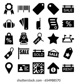 Tag icons set. set of 25 tag filled icons such as star, badge, ribbon, camera printing photo, house sale, bill of house sell, sport bag, suitcase, location pin, locations