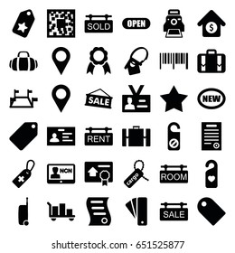 Tag icons set. set of 36 tag filled icons such as star, do not disturb, badge, luggage, ribbon, camera printing photo, house sale, bill of house sell, bill of house, open
