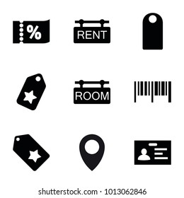 Tag icons. set of 9 editable filled tag icons such as badge, barcode, ticket on sale