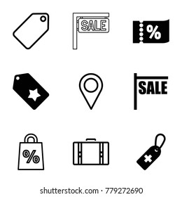 Tag icons. set of 9 editable filled and outline tag icons such as sale, shopping sale, suitcase, location pin