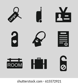 Tag icons set. set of 9 tag filled icons such as do not disturb, badge, bill of house
