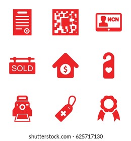 Tag icons set. set of 9 tag filled icons such as ribbon, camera printing photo, house sale, bill of house, badge