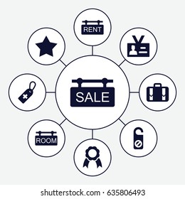 Tag icons set. set of 9 tag filled icons such as star, do not disturb, luggage, badge