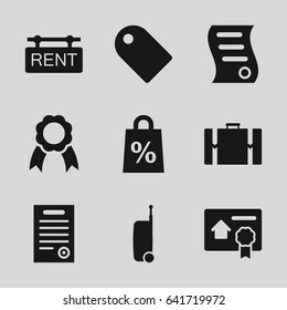 Tag icons set. set of 9 tag filled icons such as ribbon, bill of house sell, bill of house, suitcase