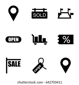 Tag icons set. set of 9 tag filled icons such as open, location pin, locations, sale, ticket on sale, luggage