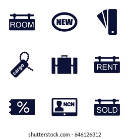 Tag icons set. set of 9 tag filled icons such as badge, suitcase, new