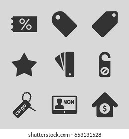 Tag icons set. set of 9 tag filled icons such as star, do not disturb, house sale, badge