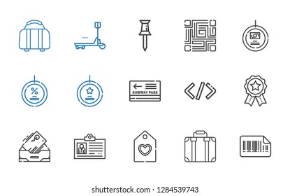 tag icons set. Collection of tag with bars code, suitcase, id card, inbox, badges, coding, pass, best seller, discount, qr code, pin, duty, luggage. Editable and scalable tag icons.