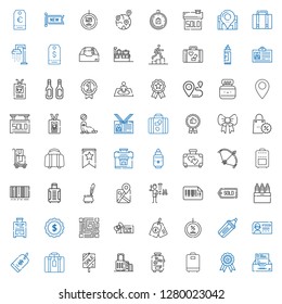 tag icons set. Collection of tag with inbox, badge, luggage, suitcase, sale, price tag, id card, marker, discount, voucher, qr code, label, markers. Editable and scalable tag icons.