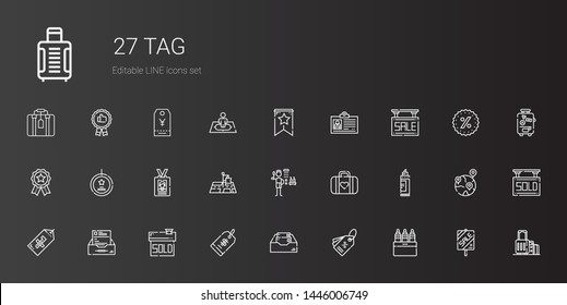 tag icons set. Collection of tag with markers, inbox, price tag, sold, marker, luggage, shower, position, id card, best seller, badges, sale. Editable and scalable icons.