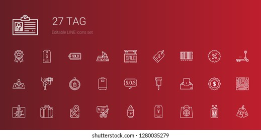 tag icons set. Collection of tag with shopping, marker, discount, google maps, suitcase, id card, inbox, pin, sos, luggage, limited time, shower. Editable and scalable tag icons.