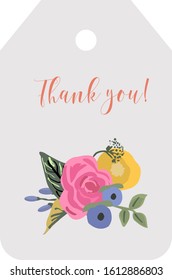 Tag illustration on a light background with flowers and the words Thank you