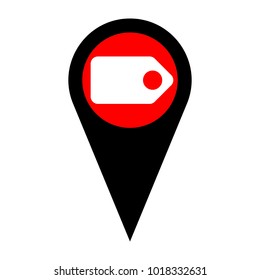 Tag, label, badge. icon. Vector. Flat white icon in red circle at black marker on white background. Isolated.