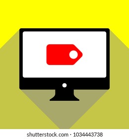 Tag, label, badge. icon. Vector. Red icon on white monitor of black all-in-one desktop computer with two shadows at yellow background.