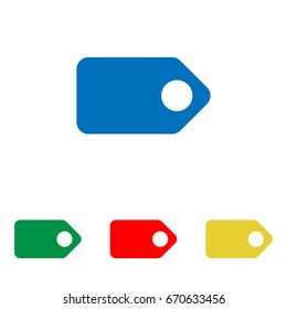 Tag, label, badge. icon. Vector. Big blue flat icon with red, green and yellow small icons at white background. Isolated.