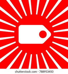 Tag, label, badge. icon. Vector. White icon on red sun with rays as background. Isolated.