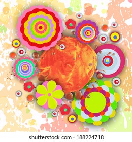 Tag and label, cheer up background. Grunge paint banner with brush stroke effect. 3d shadows. Flowers made of acrylic, Watercolor, handmade, from original canvas art. Place for your text. 