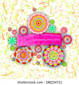Tag and label, cheer up background. Grunge paint banner with brush stroke effect. 3d shadows. Flowers made of acrylic, Watercolor, handmade, from original canvas art. Place for your text. 