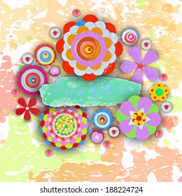 Tag and label, cheer up background. Grunge paint banner with brush stroke effect. 3d shadows. Flowers made of acrylic, Watercolor, handmade, from original canvas art. Place for your text. 