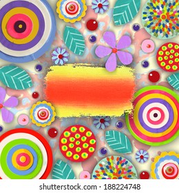 Tag and label, cheer up background. Grunge paint banner with brush stroke effect. 3d shadows. Flowers made of acrylic, Watercolor, handmade, from original canvas art. Place for your text. 