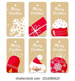 Tag or label for Christmas gift decoration. Merry Christmas gift labels and price tags for winter sale shopping with snowflake, gift box, hot drink cup, jingle bell, Santa Claus and Christmas ball.