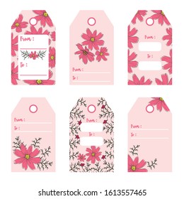 tag label with cosmos flower design.  hand drawn flower design. cute tag label vector