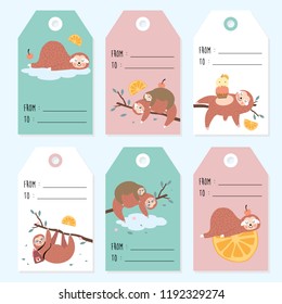 Tag and label with cute sloth,tree,orange,cherry and cloud