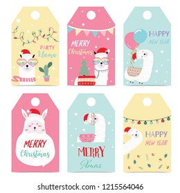Tag and label with llama,flag,light,flower,leaf,balloon in merry christmas