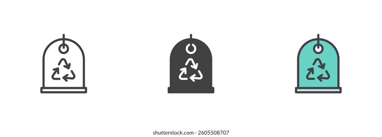 Tag or label with the recycling symbol different style icon set. Line, glyph and filled outline colorful version, outline and filled vector sign. Symbol, logo illustration. Vector graphics
