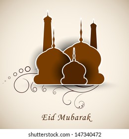 Tag, Label oder Aufkleber Design mit Moschee auf floralem Hintergrund für das Musikfestival Eid Mubarak. 