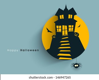 Tag, label or sticker with haunted house for Halloween party background.