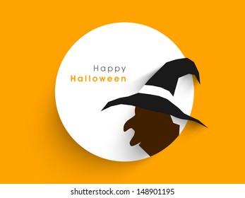 Tag, label or sticker with silhouette of a witch on abstract yellow background for Happy Halloween,