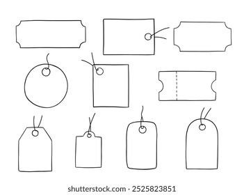 Tag label and ticket hand drawn doodle illustration, vector icons set