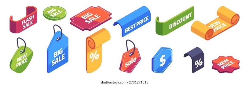Etiquetas definidas com desconto, Flash e grande venda, melhor e novo preço. Autocolantes isolados vetoriais com símbolos de porcentagem e dólar representando preços de produtos, promoção de varejo e comércio