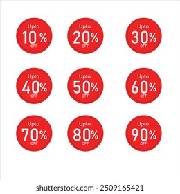 Un tag con Grande circulo rojo con hasta diferentes números de descuento "10%,20%,30%,40%,50%,60%,70%,80%,90%, descuento".