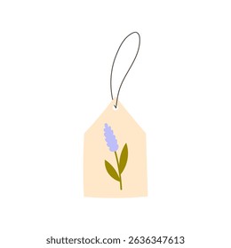 Tag with Lavender Flower and String. Paper label with flower and thread. Flat vector illustration for handmade product design