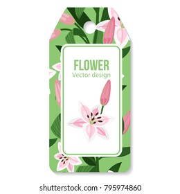 Tag with lilies flower pattern on the blue background for shop, vector illustration