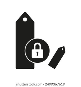 Tag lock icon. Secure label vector. Black silhouette design. Privacy symbol illustration.