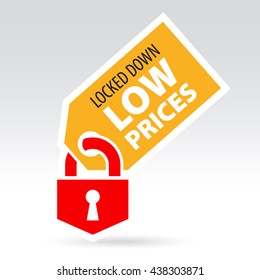 Tag with lock and text - locked down low prices. Sticker and label vector illustration.