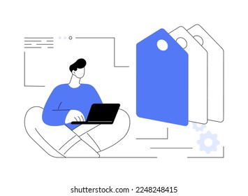 Ilustración del vector de concepto abstracto de administración de etiquetas. Sistema de gestión de etiquetas, herramienta de etiquetado e-marketing, código de recopilación de datos, gestor de software analítico, metáfora abstracta de seguimiento de comercio electrónico.