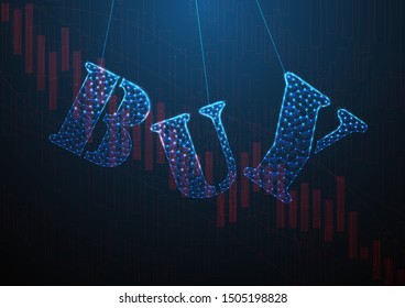 BUY​ tag for​ business​ market share.​ Model​ technology​ vector​ from​ line​ network​ polygonal​ and​ gradient​ on​ blue​ black​ background.