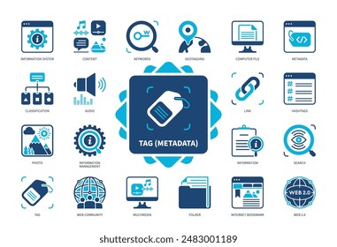 Tag and Metadata icon set. Information System, Keywords, Classification, Hashtags, Bookmark, Content, Search, Link. Duotone color solid icons