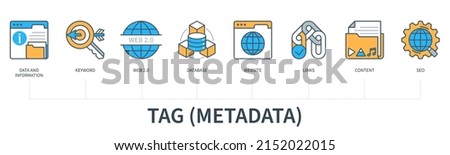 Tag, Metadata with icons. Data, information, web, database, website, links, content, set icons. Web vector infographic in minimal flat line style Foto stock © 