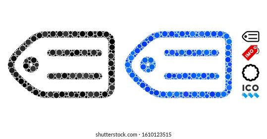 Tag mosaic of filled circles in different sizes and color hues, based on tag icon. Vector random circles are composed into blue mosaic. Dotted tag icon in usual and blue versions.